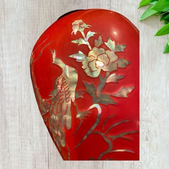 Vintage Brass Enamel Vase Mother Of Pearl Inlay Hearts Peacock - Picture 3 of 8